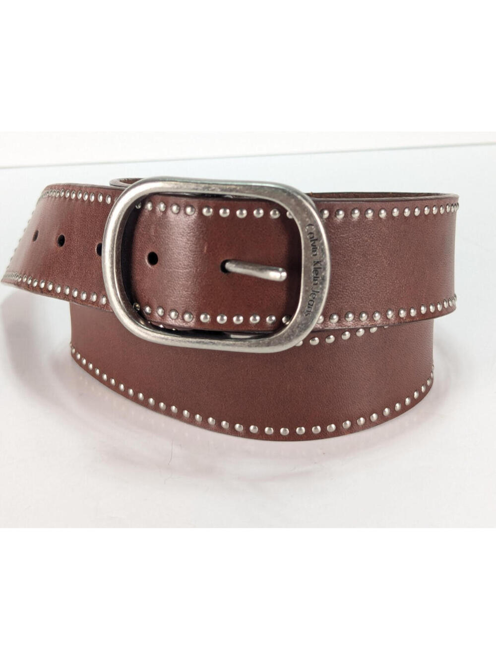 Women's Calvin Klein Jeans Leather Belt Medium 38" Brown Studded Matte Silver